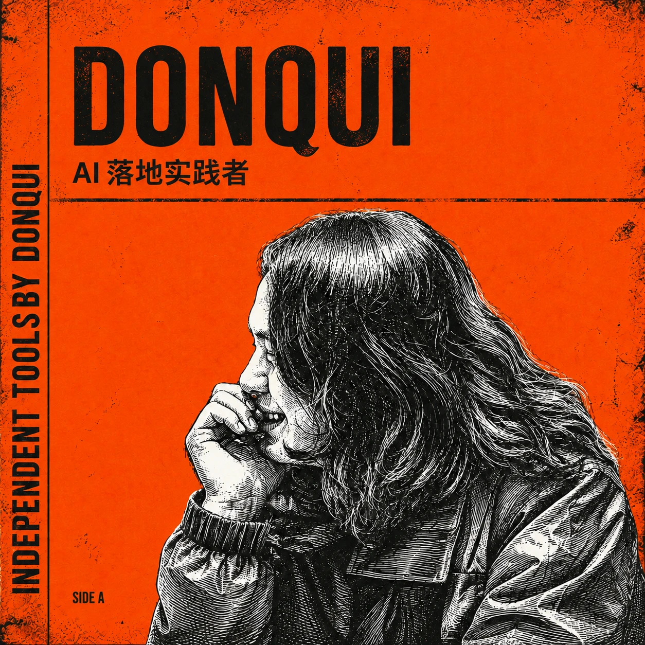 DonQui 的橙色唱片封面，印着唐诘的黑白雕刻肖像和 AI 落地实践者标题